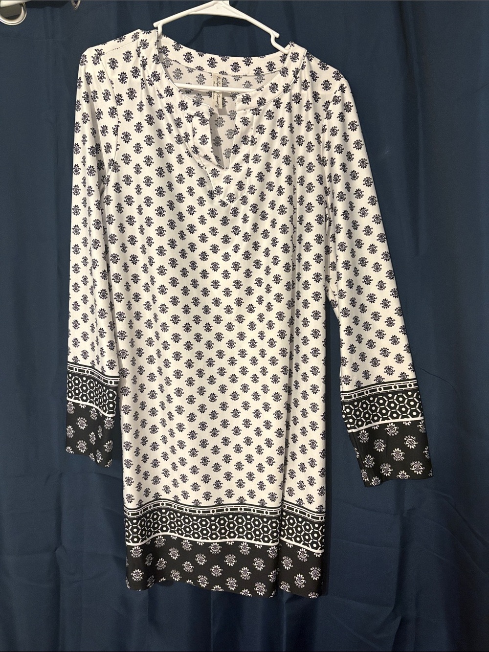 Perseption White and Navy Printed Long Sleeve Tunic Dress